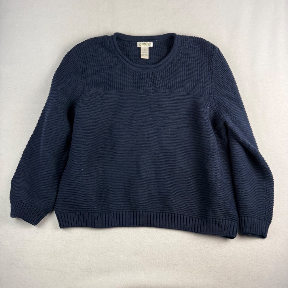 Orvis Mens XL Navy Blue 100% Cotton Waffle Knit Crewneck Sweater RN70534